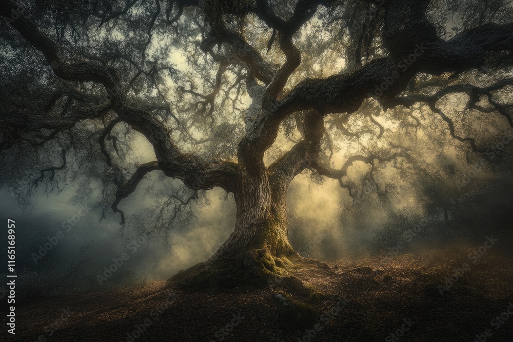 Ancient, majestic oak tree shrouded in mystical fog, bathed in golden sunlight, evokes feelings of wonder and timelessness. Ancient, majestic oak tree shrouded in mystical fog, bathed in golden sunlight, evokes feelings of wonder and timelessness.