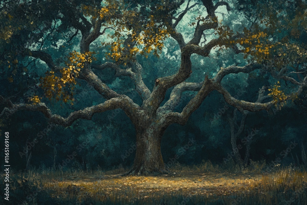 A majestic old oak tree stands tall in a dark, mystical forest, its branches reaching towards the sky. A majestic old oak tree stands tall in a dark, mystical forest, its branches reaching towards the sky.