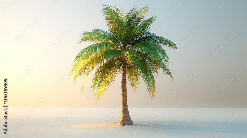 Obraz premium Single palm tree on a hazy beach at sunrise.
