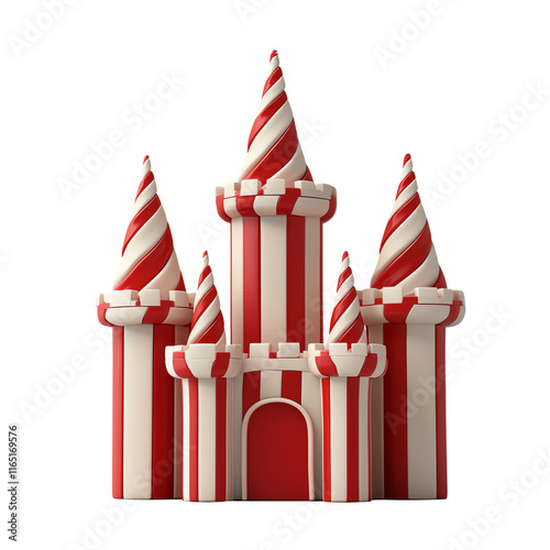A whimsical castle featuring red and white striped towers and turrets.