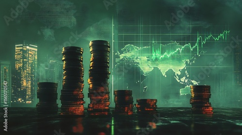 Investment growth insights urban financial district digital chart visualization evening skyline strategic analysis