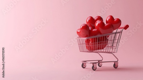 Romantic shopping cart with red hearts on a pink background, perfect for Valentine sale, love, and holiday shop concepts. Ideal for store and marketing banners.