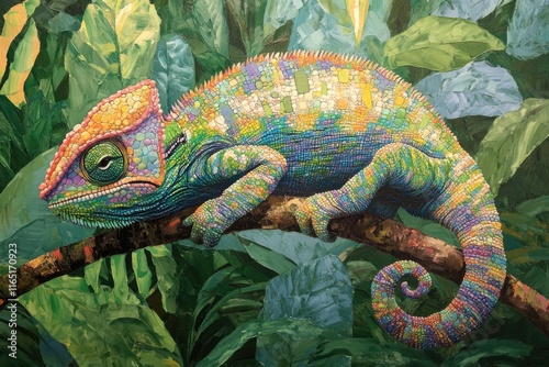 Vibrant chameleon perched on a branch amidst lush green foliage, showcasing its colorful scales. photo