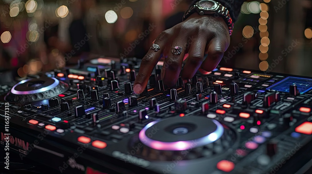 Obraz premium Close-up of a DJ's hand mixing music on a digital console at a party.