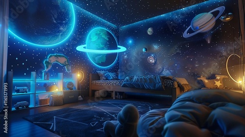 Space-Themed Kids Room with Glow-In-The-Dark Elements