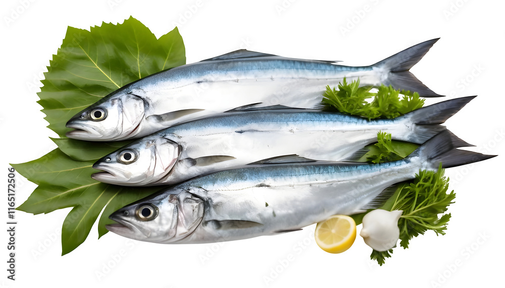 A selection of Bluefish fish alongside vibrant leafy greens, placed on a white surface. A selection of Bluefish fish alongside vibrant leafy greens, placed on a white surface.