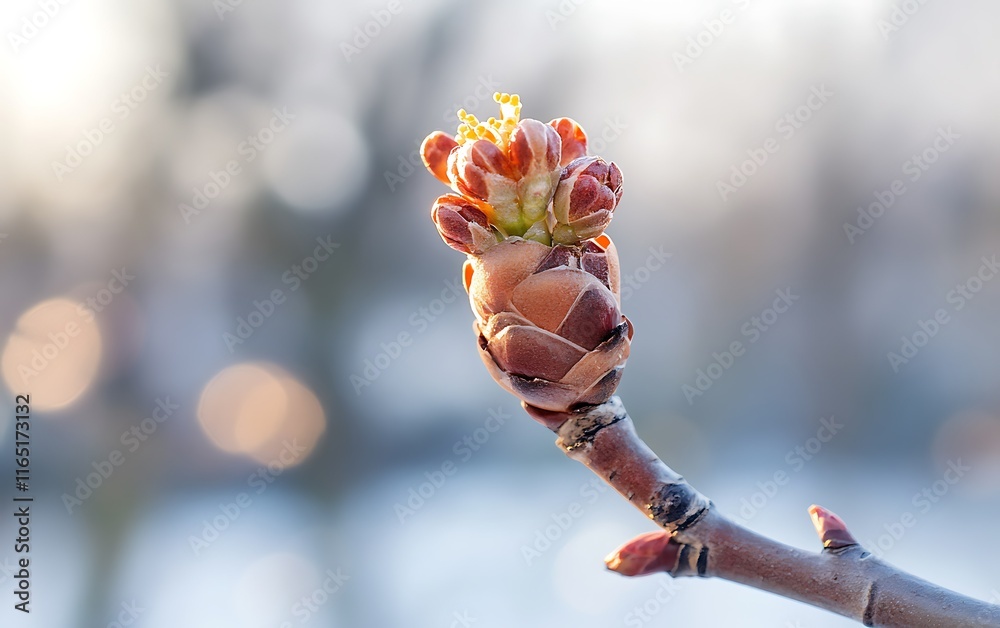 Close-up of a vibrant spring blossom bud on a tree branch, showcasing intricate details and soft background bokeh. Close-up of a vibrant spring blossom bud on a tree branch, showcasing intricate details and soft background bokeh.