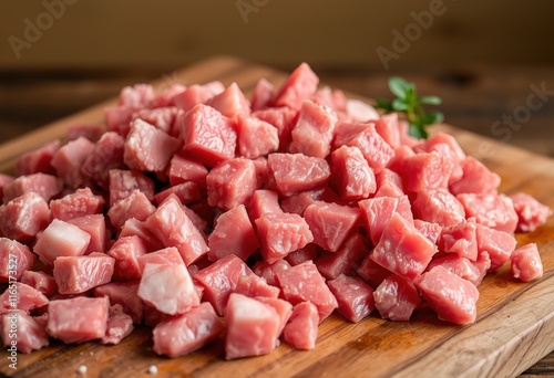 close-up of a wooden cutting board, cluttered with rough-chopped raw meat