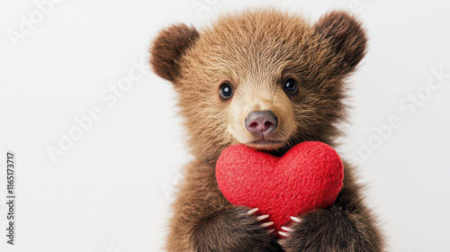 A cute bear cub holding red heart, symbolizing love and affection. This adorable animal is perfect for Valentine Day themes