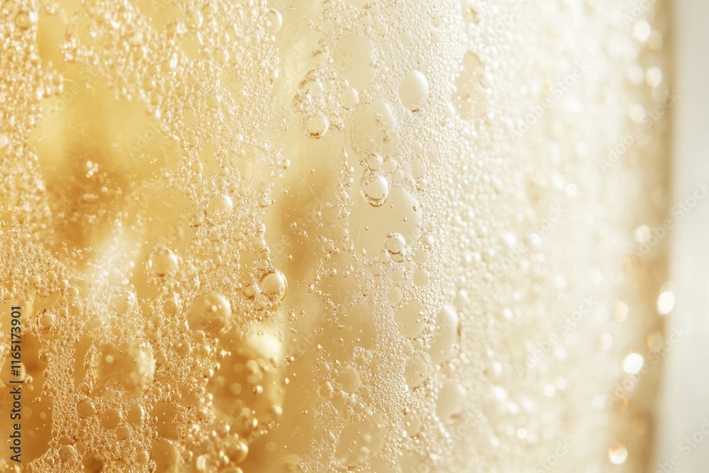 Obraz premium Abstract image of golden liquid with numerous bubbles and sparkles, creating a shimmering, luxurious texture.
