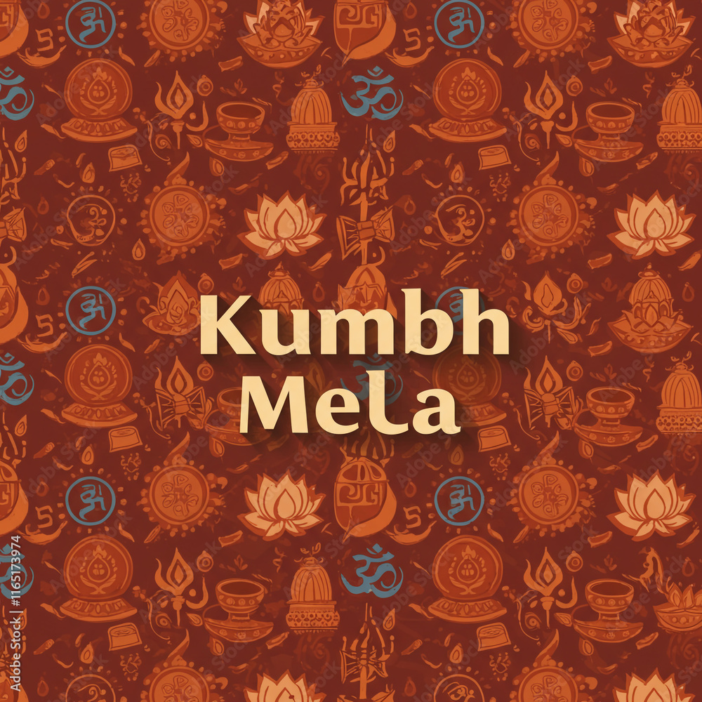 Fototapeta premium Kumbh Mela design with detailed Hindu symbols and an orange-themed decorative background