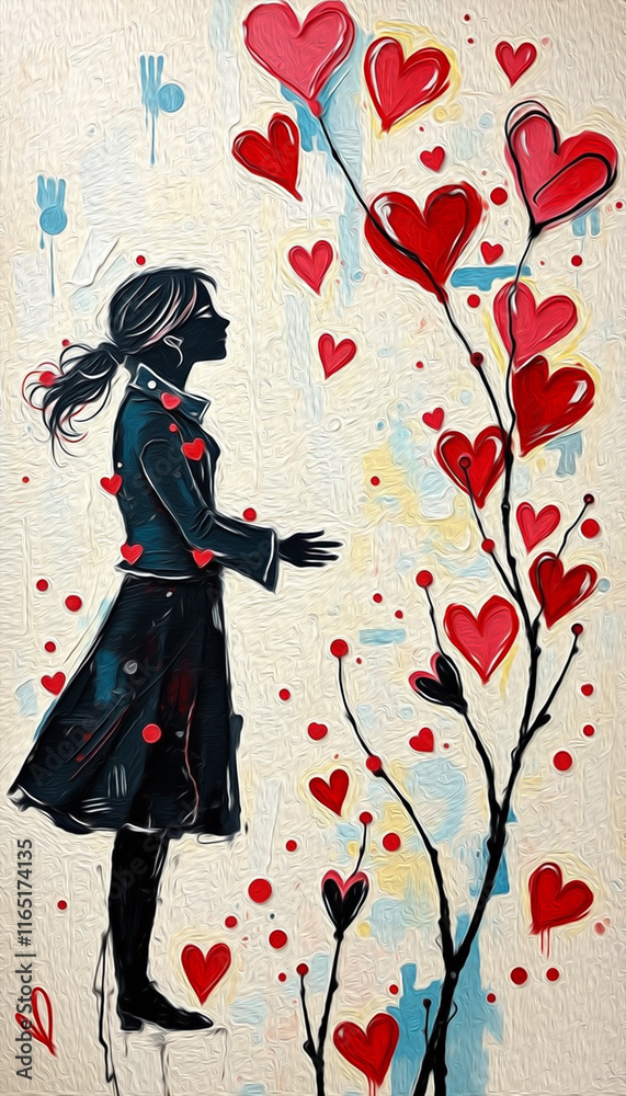 Fototapeta premium Valentine's Day card design. Illustration with oil paint. Pattern for printing on wall decorations, covers, wallpapers