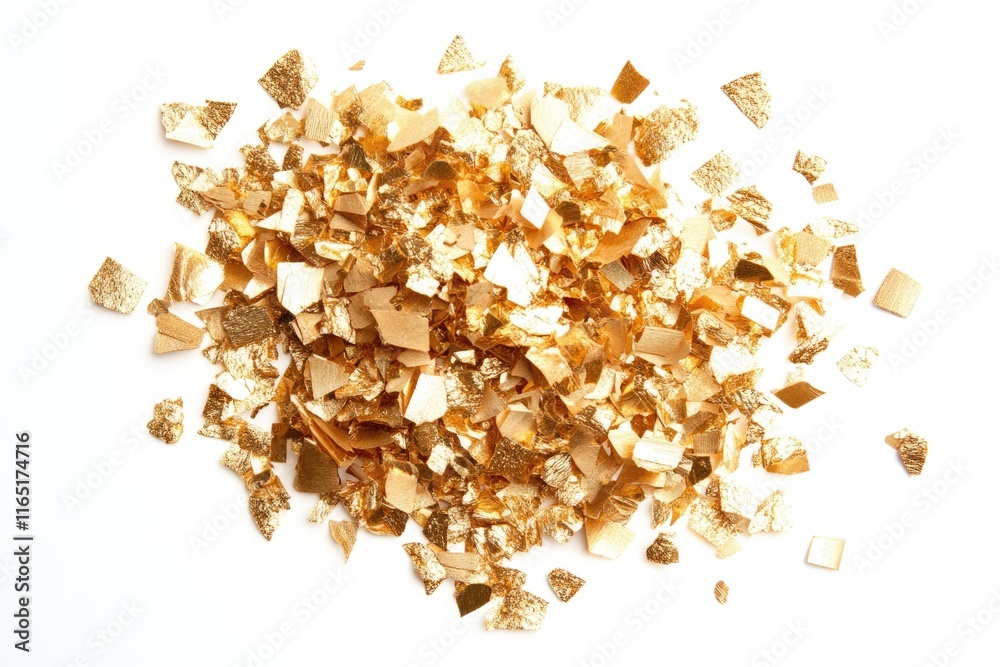 Pile of gold confetti pieces scattered on white background. Pile of gold confetti pieces scattered on white background.
