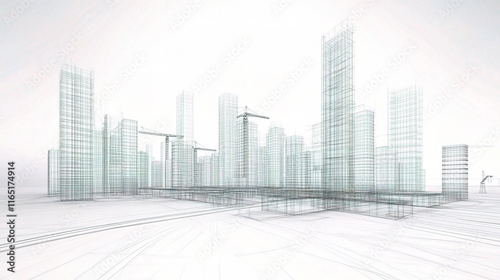 Obraz premium 3D Wireframe City Design with Skyscrapers Under Construction
