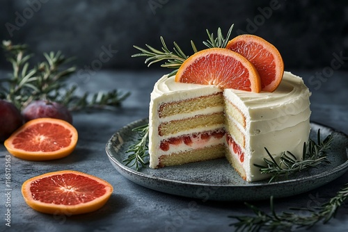 Delicious grapefruit rosemary cake, sliced, on a plate.