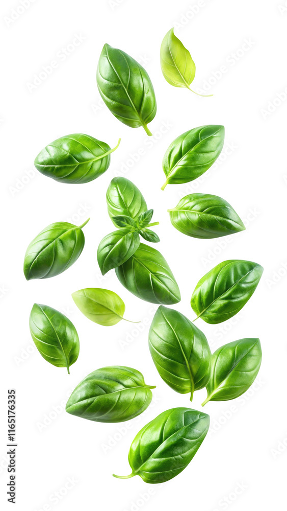 flying fresh basil leaves isolated on transparent white background, clipping path