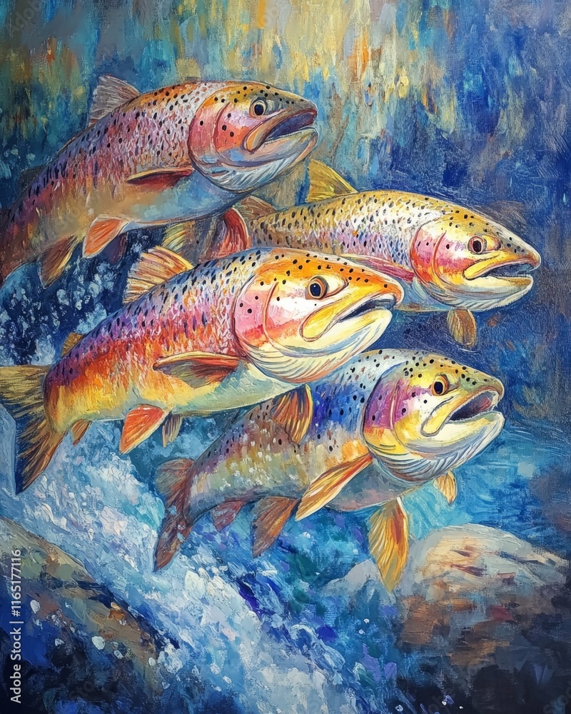 Rainbow Trout Quartet in Vivid Stream Rainbow Trout Quartet in Vivid Stream