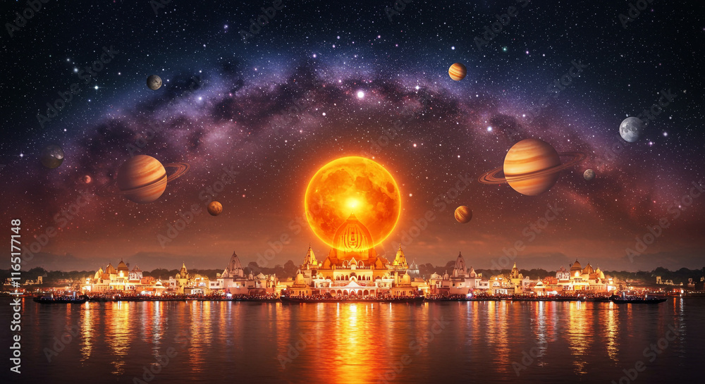 Fototapeta premium Nighttime view of Kumbh Mela with a glowing cosmic sun and reflections on the holy river