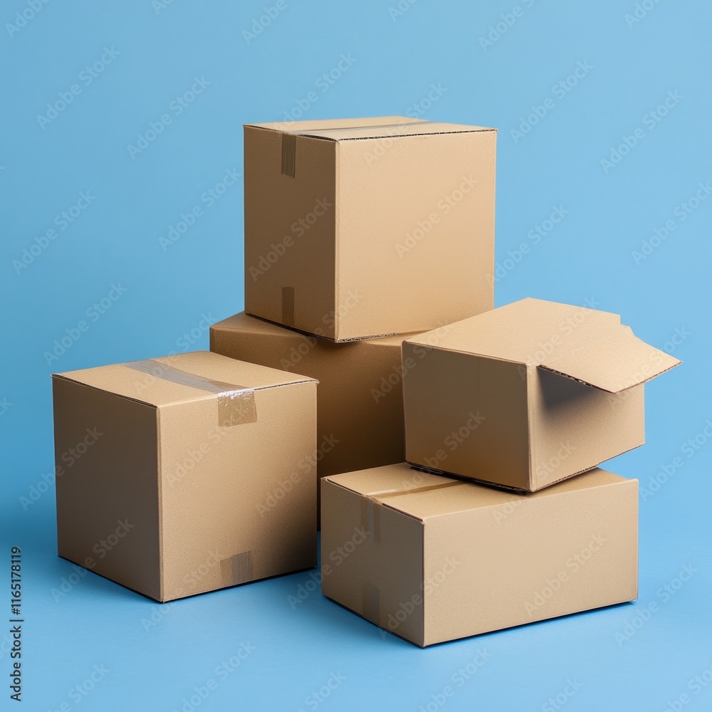 Stack of Cardboard Boxes on Blue Background Stack of Cardboard Boxes on Blue Background