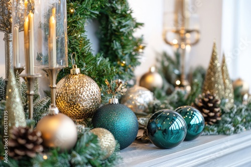 Elegant Christmas mantelpiece decorated with gold, teal baubles, candles, pine cones, and a green wreath.