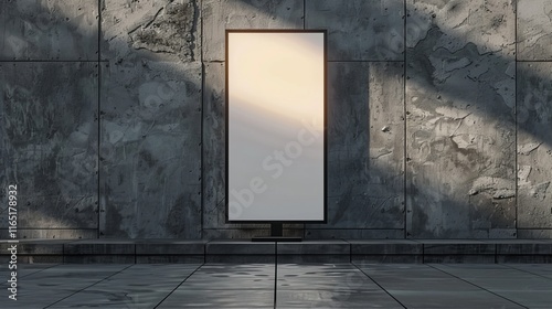 Empty blank white billboard standing vertical in grey wall background