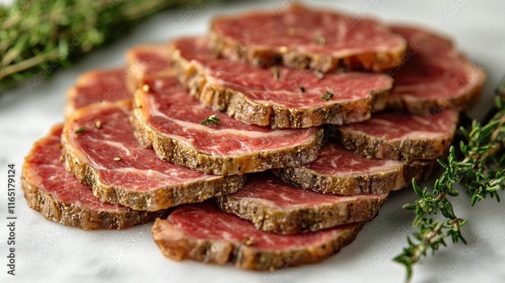 Thinly sliced seasoned beefsteak on marble. Thinly sliced seasoned beefsteak on marble.