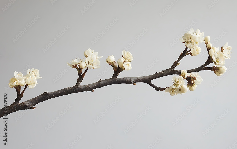 Close-up of a blossoming branch with delicate white flowers against a light grey background. Close-up of a blossoming branch with delicate white flowers against a light grey background.
