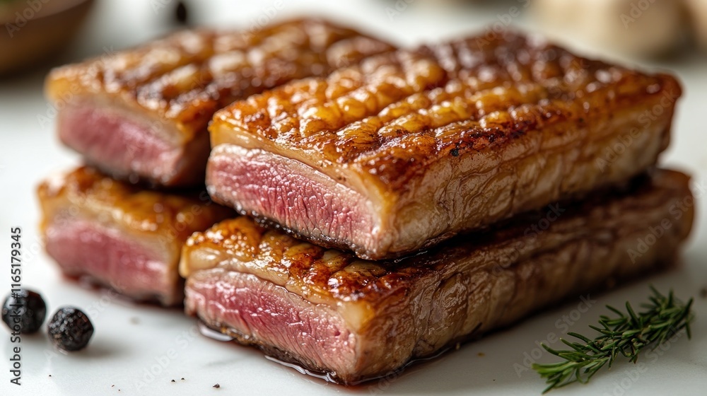 Stack of four delicious, pan-seared duck breasts, medium-rare, glistening with rendered fat, on a white plate, garnished with rosemary and peppercorns. Stack of four delicious, pan-seared duck breasts, medium-rare, glistening with rendered fat, on a white plate, garnished with rosemary and peppercorns.