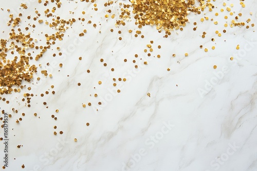 Gold confetti scattered on a white marble background, creating a festive and elegant design.