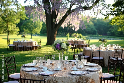 A lively spring garden party with friends sipping tea under blooming wisteria trees, tables set with delicate china, and children playing among the flowers. Include intricate patterns on the  photo
