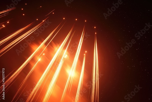 Streaks of fiery light ascend into a dark night sky, resembling a radiant celestial event.