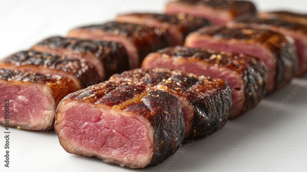 Close-up of sliced smoked meat, seasoned, arranged on white background. Close-up of sliced smoked meat, seasoned, arranged on white background.