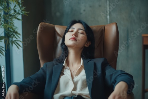 Serene Slumber: A Businesswoman's Peaceful Rest in a Modern Office photo