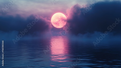 Obraz na plátně Pink moon rising over calm ocean water, reflecting light, surrounded by dark clouds and fog