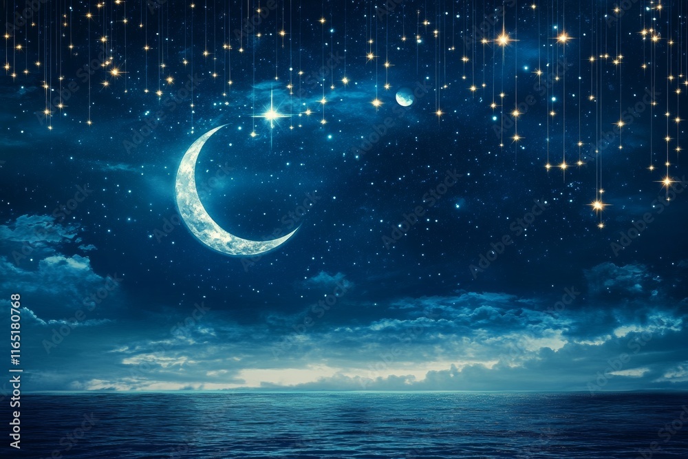 Obraz premium Crescent Moon Over Serene Ocean Under a Starry Night