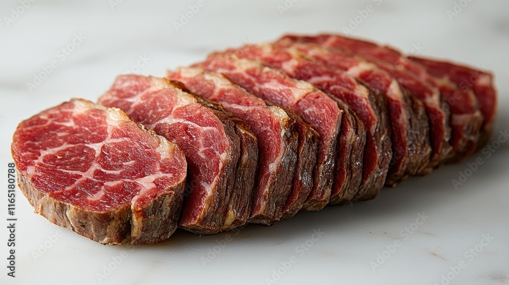 Sliced cured beef,  marbled texture, red meat.