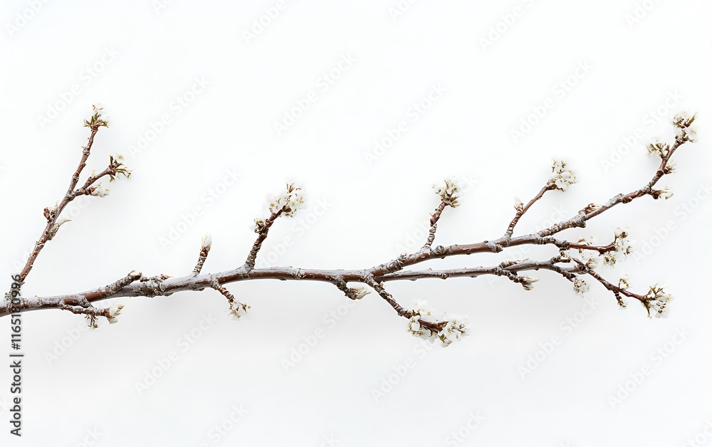 Frosty branch with tiny buds on white background. Frosty branch with tiny buds on white background.