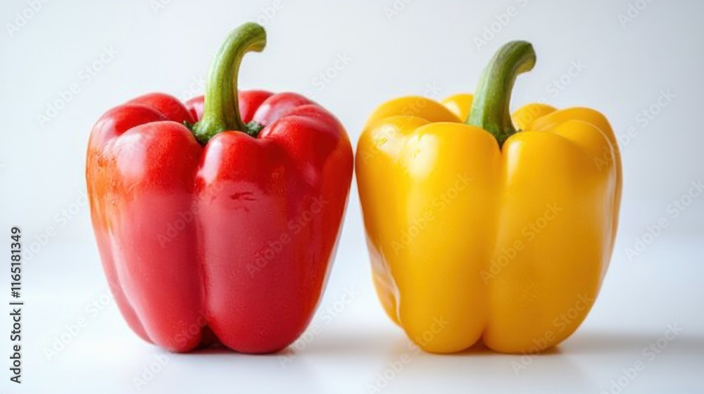 Red and yellow bell peppers on white background. Red and yellow bell peppers on white background.