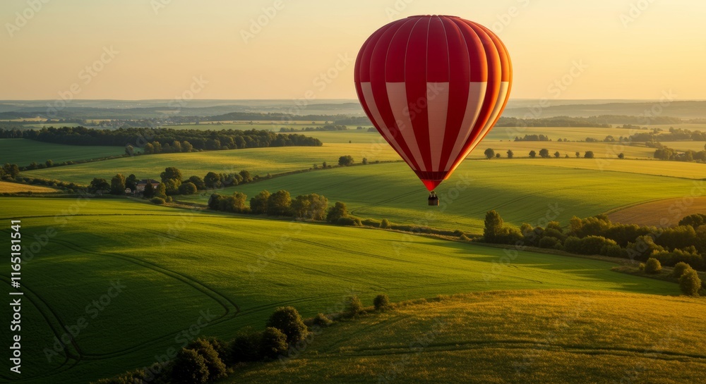 Fototapeta premium Vibrant red hot air balloon soaring over lush green countryside at sunset