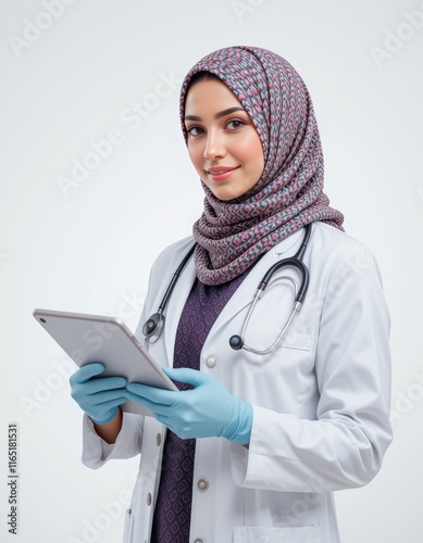 Muslim doctor in hijab holding patient paperwork. Suitable for medical, healthcare, diversity, and professional concepts in stock photography.