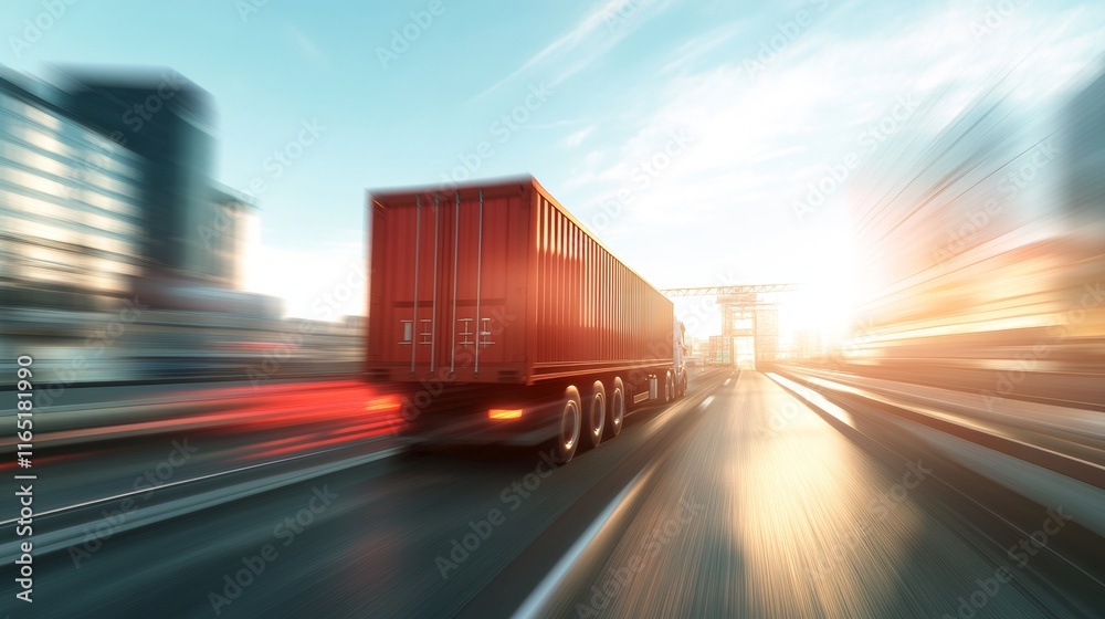 Fast Truck Delivery in City at Sunset