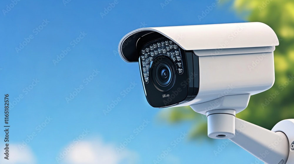 Security camera positioned against a clear blue sky. Security camera positioned against a clear blue sky.
