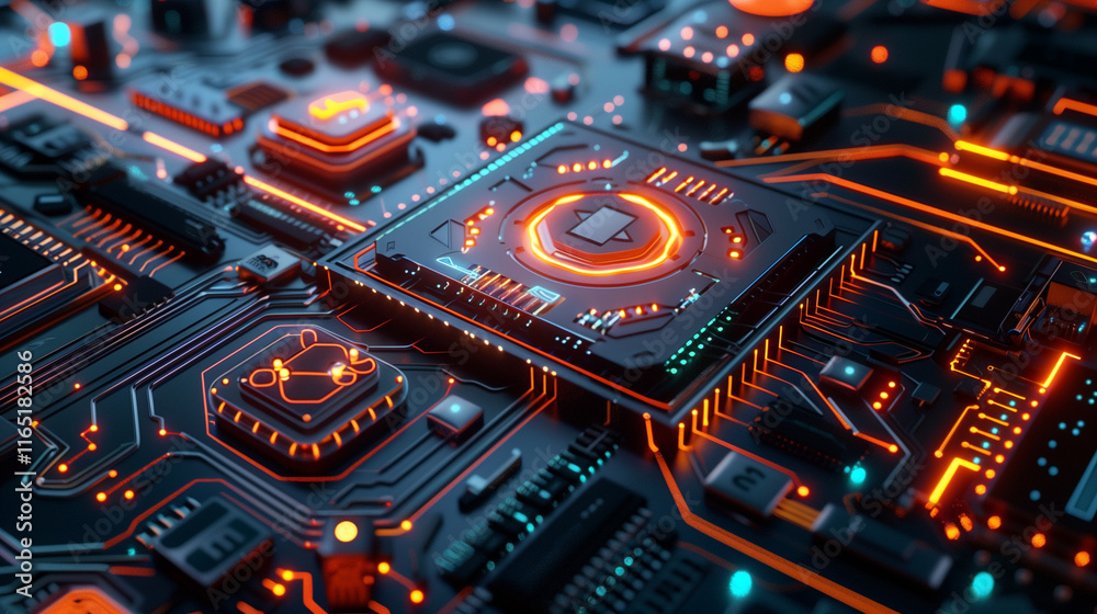 Futuristic Circuit Board Illustration with Glowing Orange and Blue Lights - Perfect for Technology Design and Innovation Concepts Futuristic Circuit Board Illustration with Glowing Orange and Blue Lights - Perfect for Technology Design and Innovation Concepts
