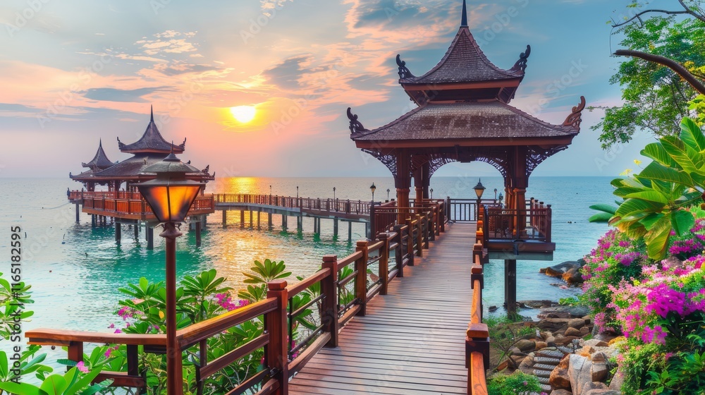 Fototapeta premium Breathtaking sunset over a rustic pier with fluffy clouds in a vibrant sky above