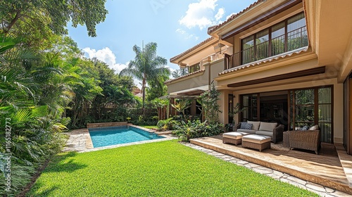 Luxurious house with swimming pool and lush garden.
