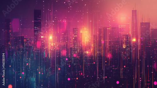  Abstract Cityscape with Gradient Colors and Glowing Highlights for Digital Art, Urban Themes, and High-Tech Inspiration photo