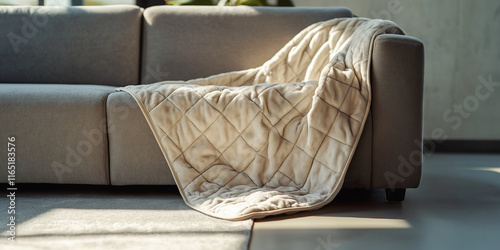A weighted blanket draped over a sofa in neutral tones with soft natural lighting