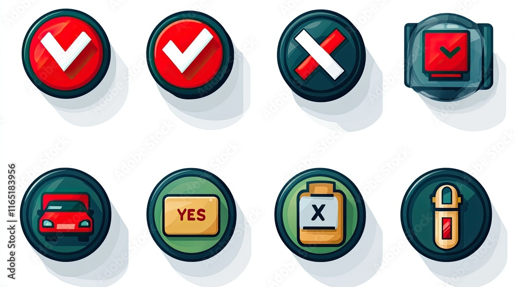 Collection of colorful round interface buttons with various symbols checkmarks, crosses, truck, battery, yes, no. Collection of colorful round interface buttons with various symbols checkmarks, crosses, truck, battery, yes, no.