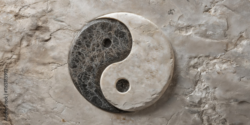 A carved yin-yang symbol in muted stone with neutral tones symbolizing balance and harmony