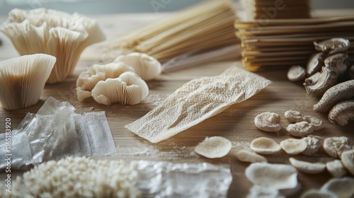 A close-up of innovative biodegradable packaging materials like cornstarch, bamboo, and mushroom-based products photo